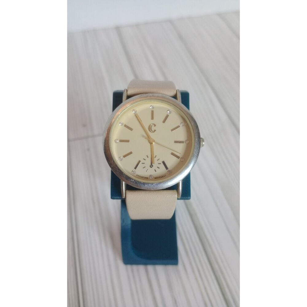 Authentic C Brand Quartz Beige Leather Band and Gold Face Women's Wrist Watch